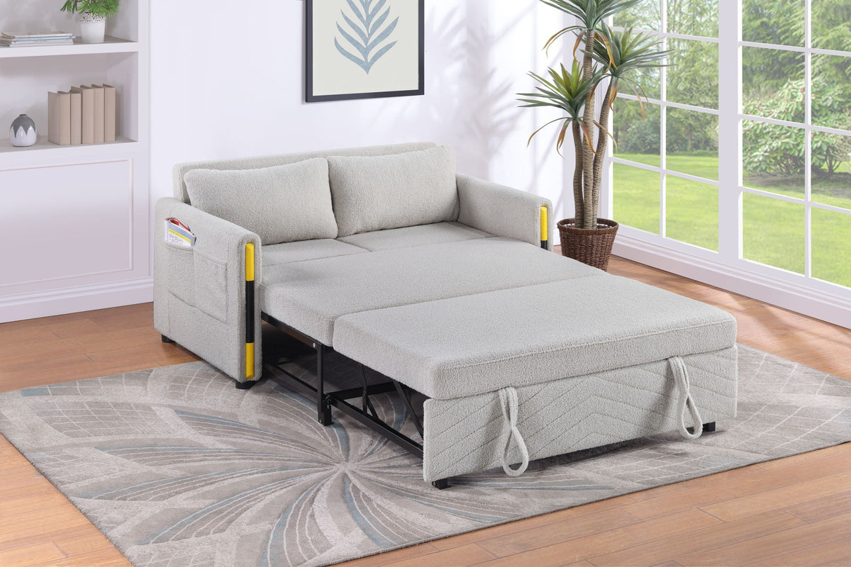 Beige teddy sleeper loveseat by HouseOfZazla with dual-pull sleeper, soft textured fabric on Tampa Home & Garden Store
