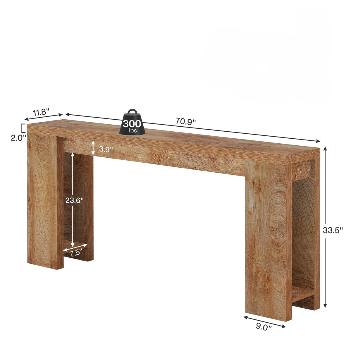 Extra Long Farmhouse Console Table by HouseOfZazla in light brown solid wood, 70.9in long on Tampa Home & Garden Store