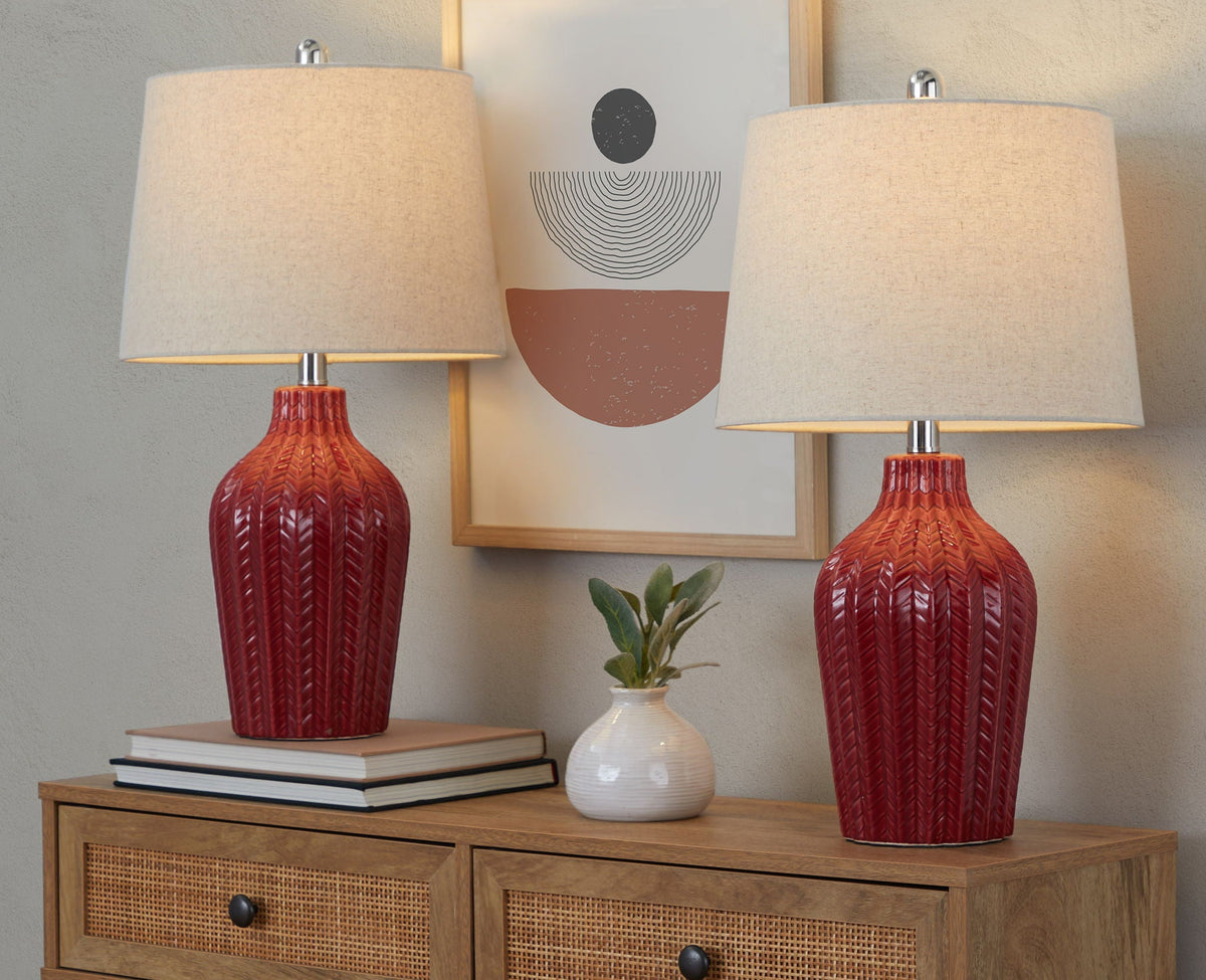 Rockwell Table Lamp Set of 2 with red textured ceramic bases and beige shades by HouseOfZazla on Tampa Home & Garden Store