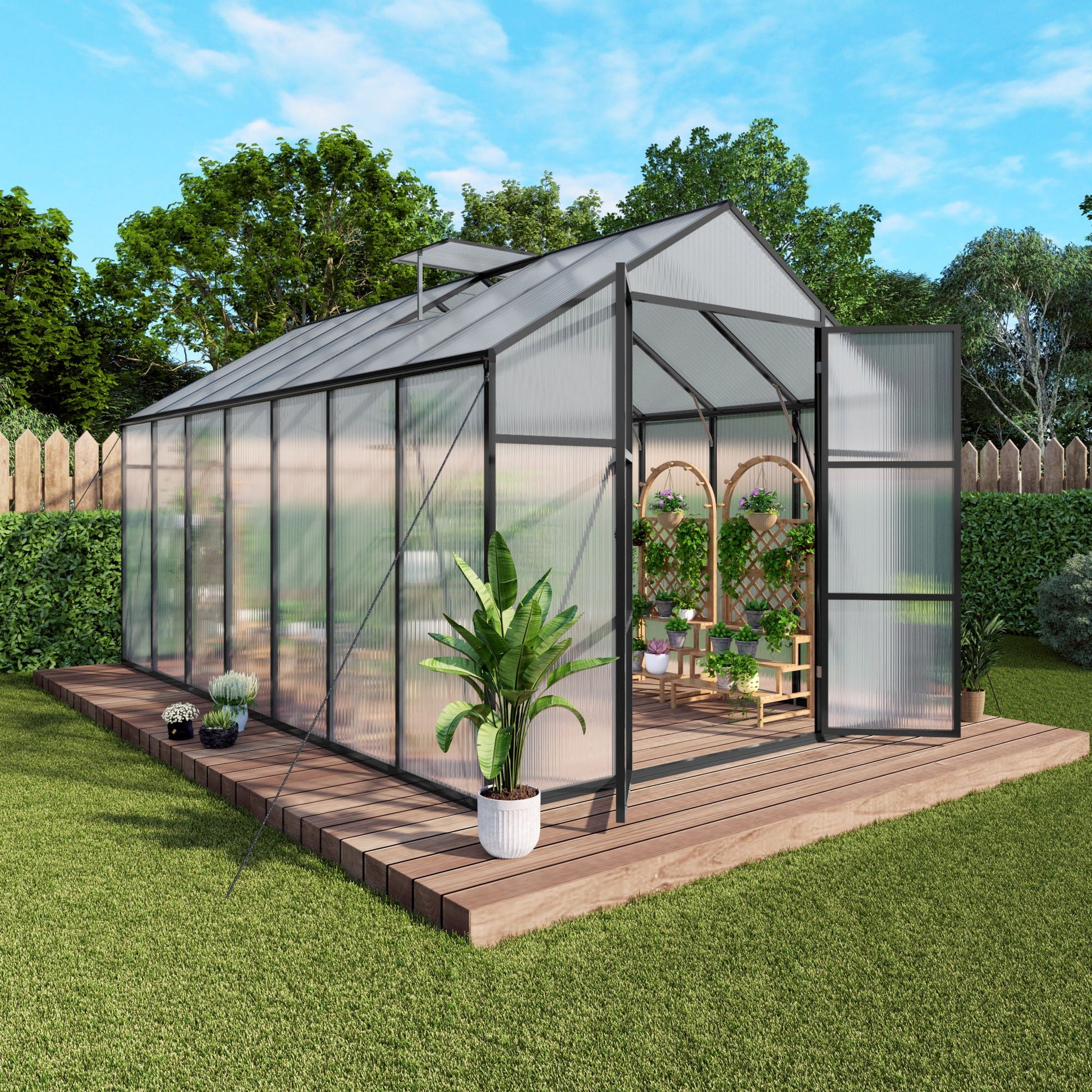 HouseOfZazla Gain Height Windproof greenhouse with gray frame and translucent panels on deck on Tampa Home & Garden Store