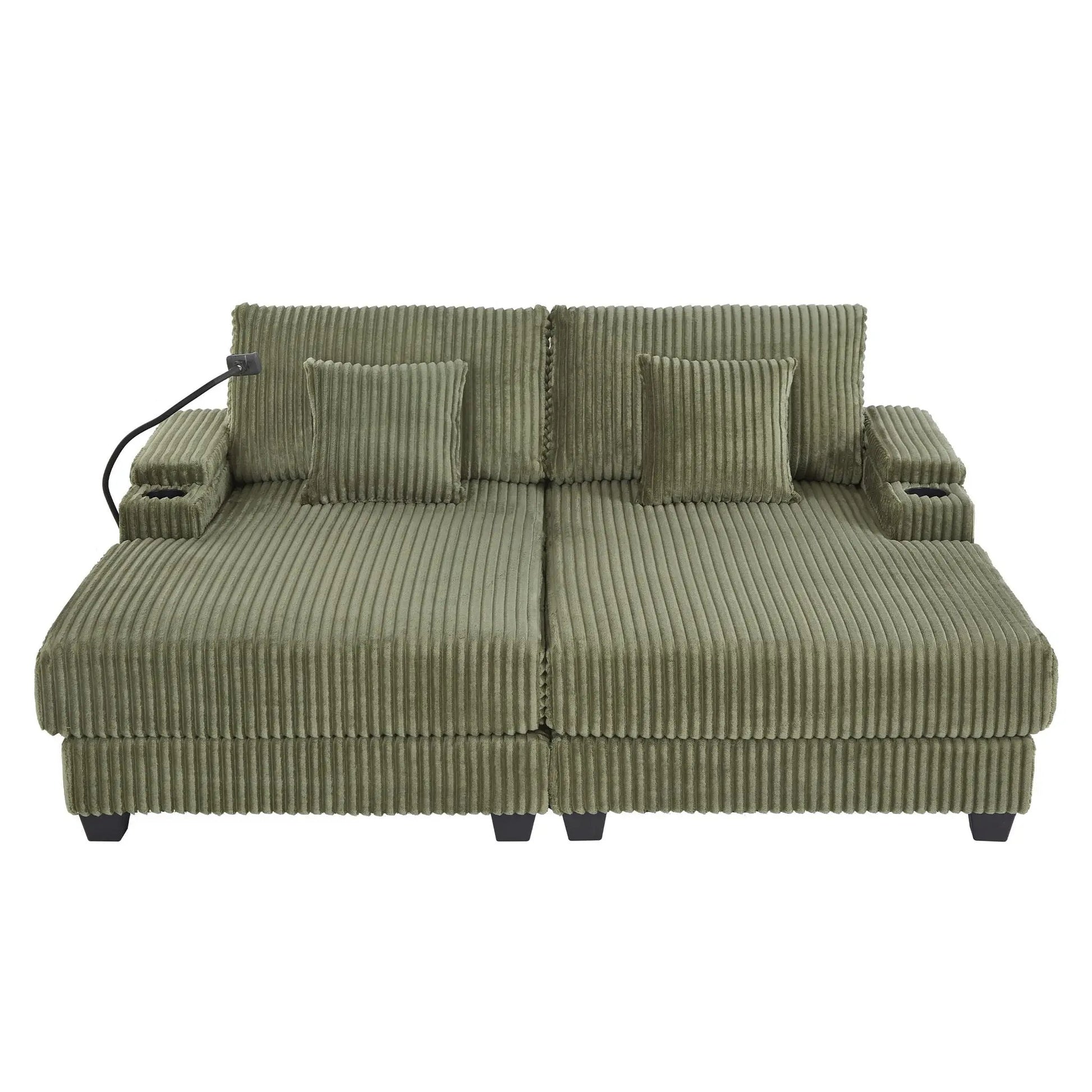 Corduroy chaise sofa in green with built-in cup holder and plush cushions on Tampa Home & Garden Store