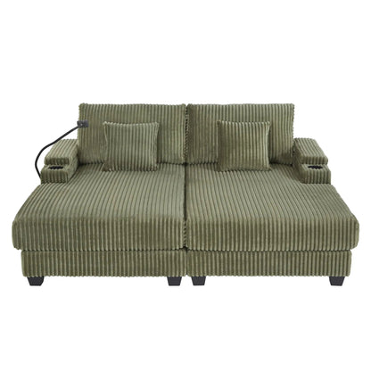 Corduroy chaise sofa in green with built-in cup holder and plush cushions on Tampa Home & Garden Store