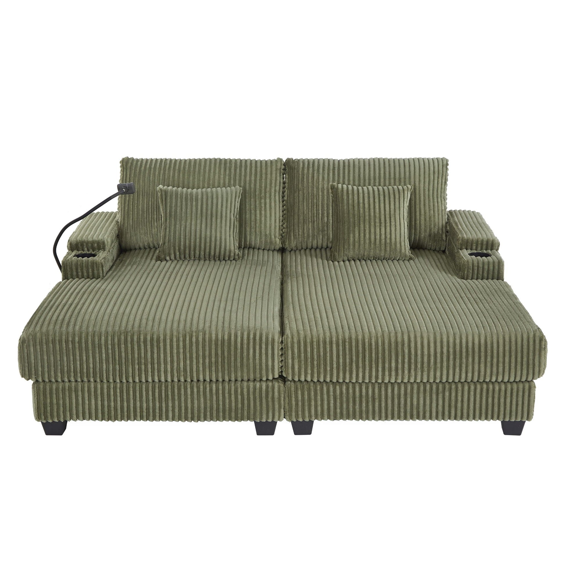 Modern Chaise Sofa olive green corduroy with adjustable backrest, cup holders, phone holder & storage by HouseOfZazla on Tampa Home & Garden Store