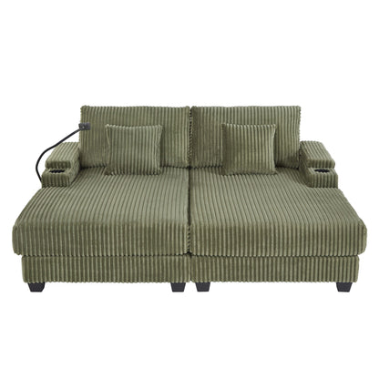 Modern Chaise Sofa olive green corduroy with adjustable backrest, cup holders, phone holder & storage by HouseOfZazla on Tampa Home & Garden Store