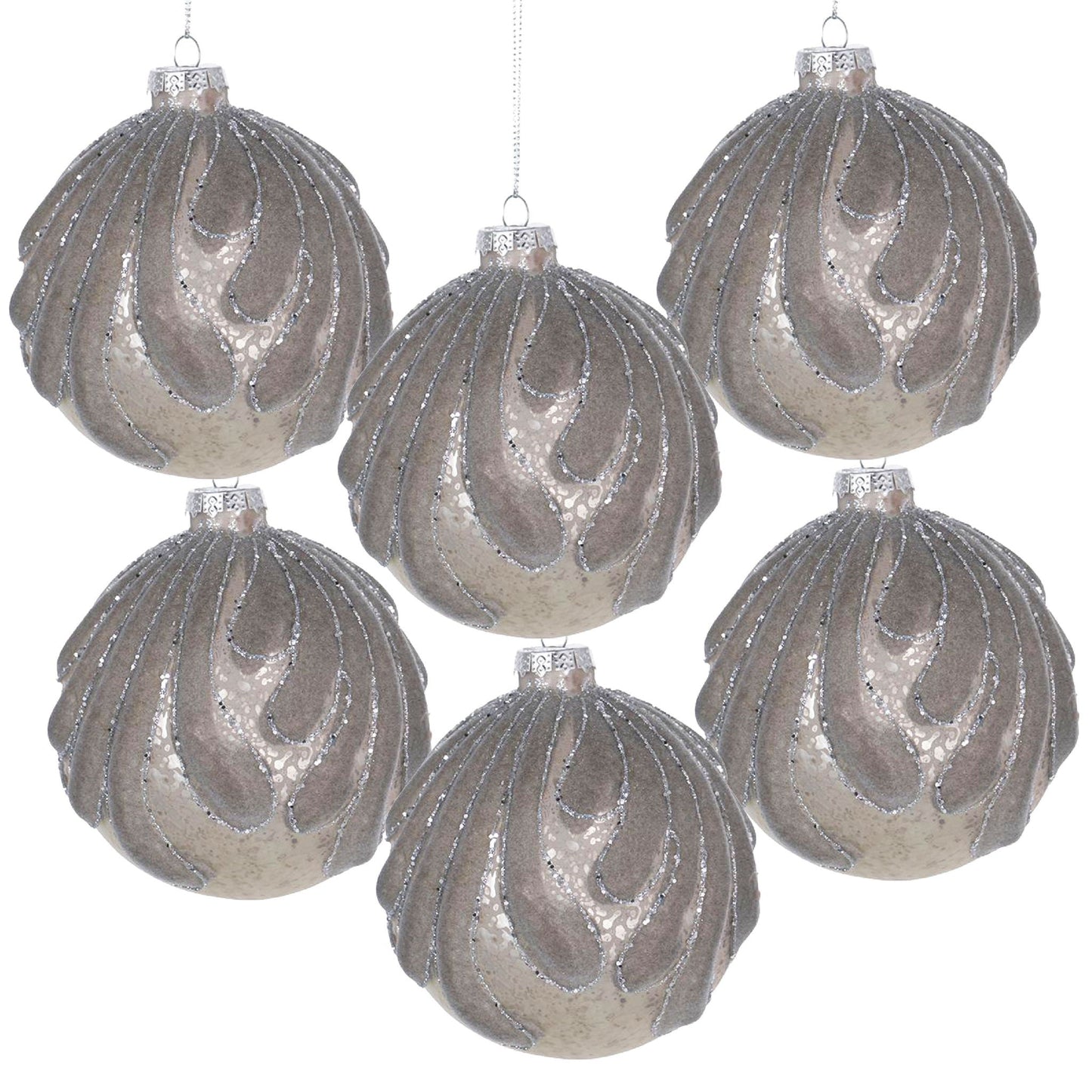 Decorative hanging glass Christmas ball ornaments 6 gray with glitter stripes HouseOfZazla on Tampa Home & Garden Store