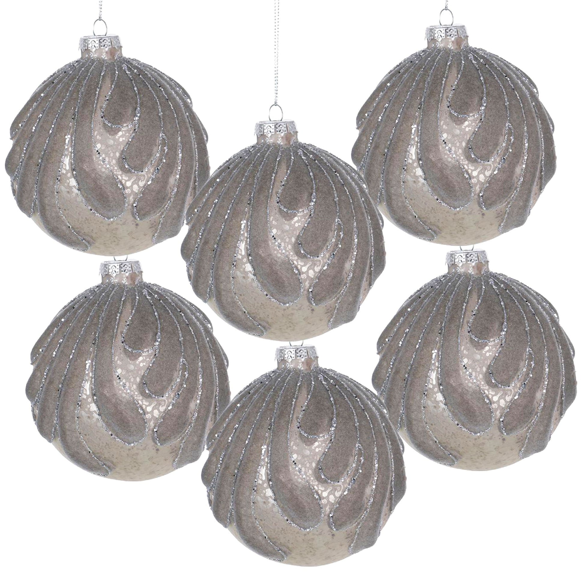 Decorative hanging glass Christmas ball ornaments 6 gray with glitter stripes HouseOfZazla on Tampa Home & Garden Store
