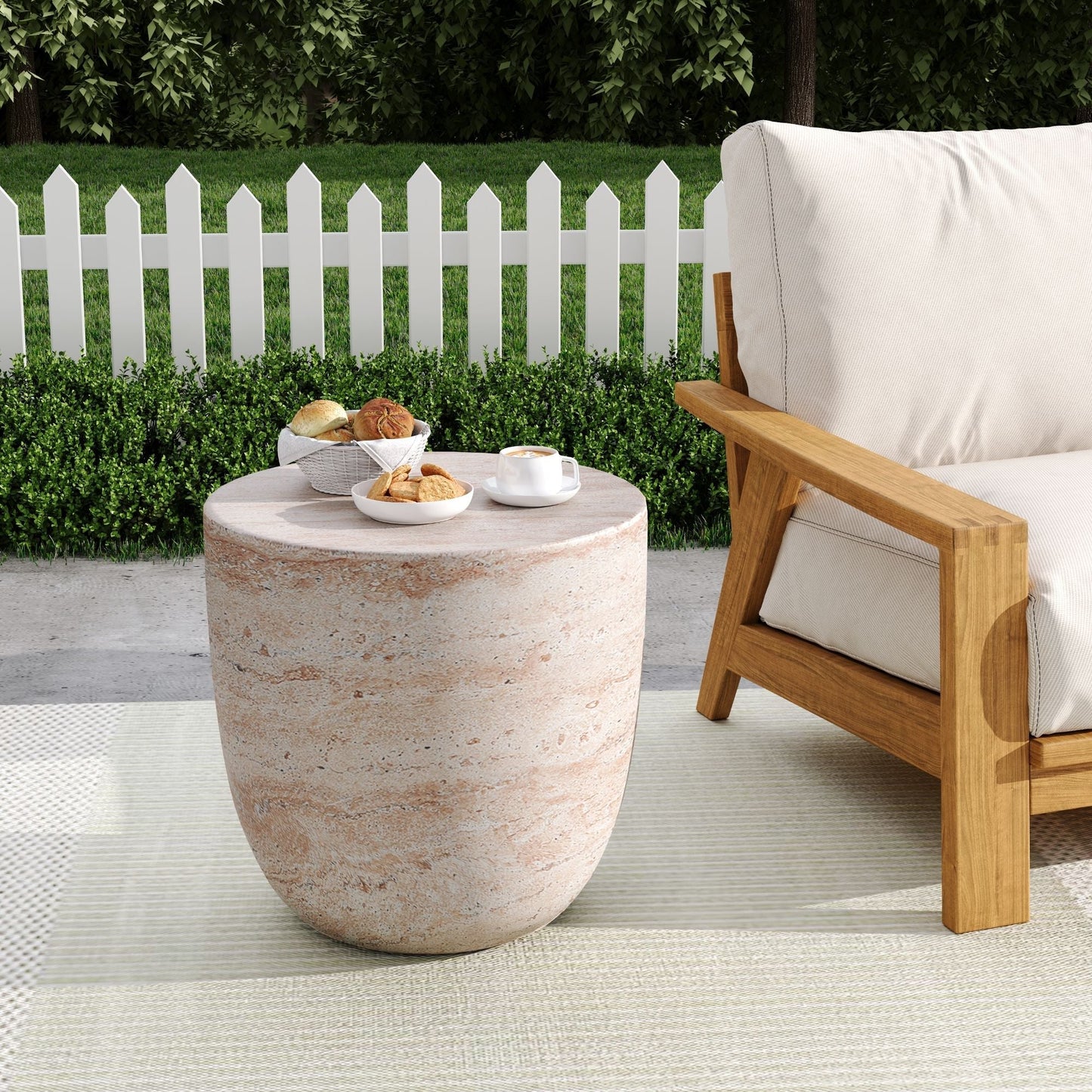 Outdoor Concrete Side Table with Beige Travertine