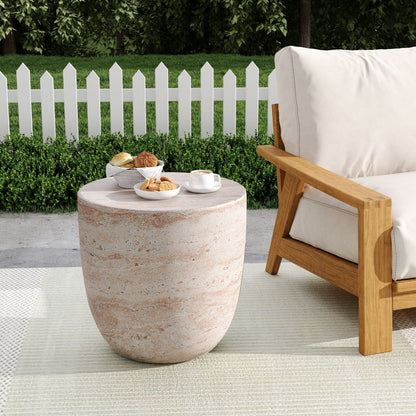 Outdoor Concrete Side Table with Beige Travertine