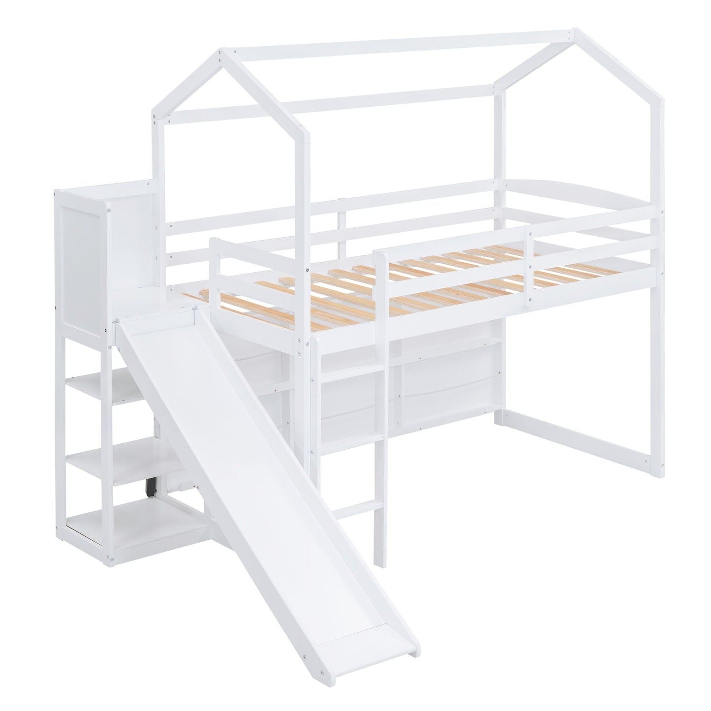 House Loft Bed with Slide, white frame and built-in storage shelves on Tampa Home & Garden Store
