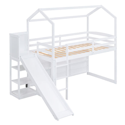House Loft Bed with Slide, white frame and built-in storage shelves on Tampa Home & Garden Store