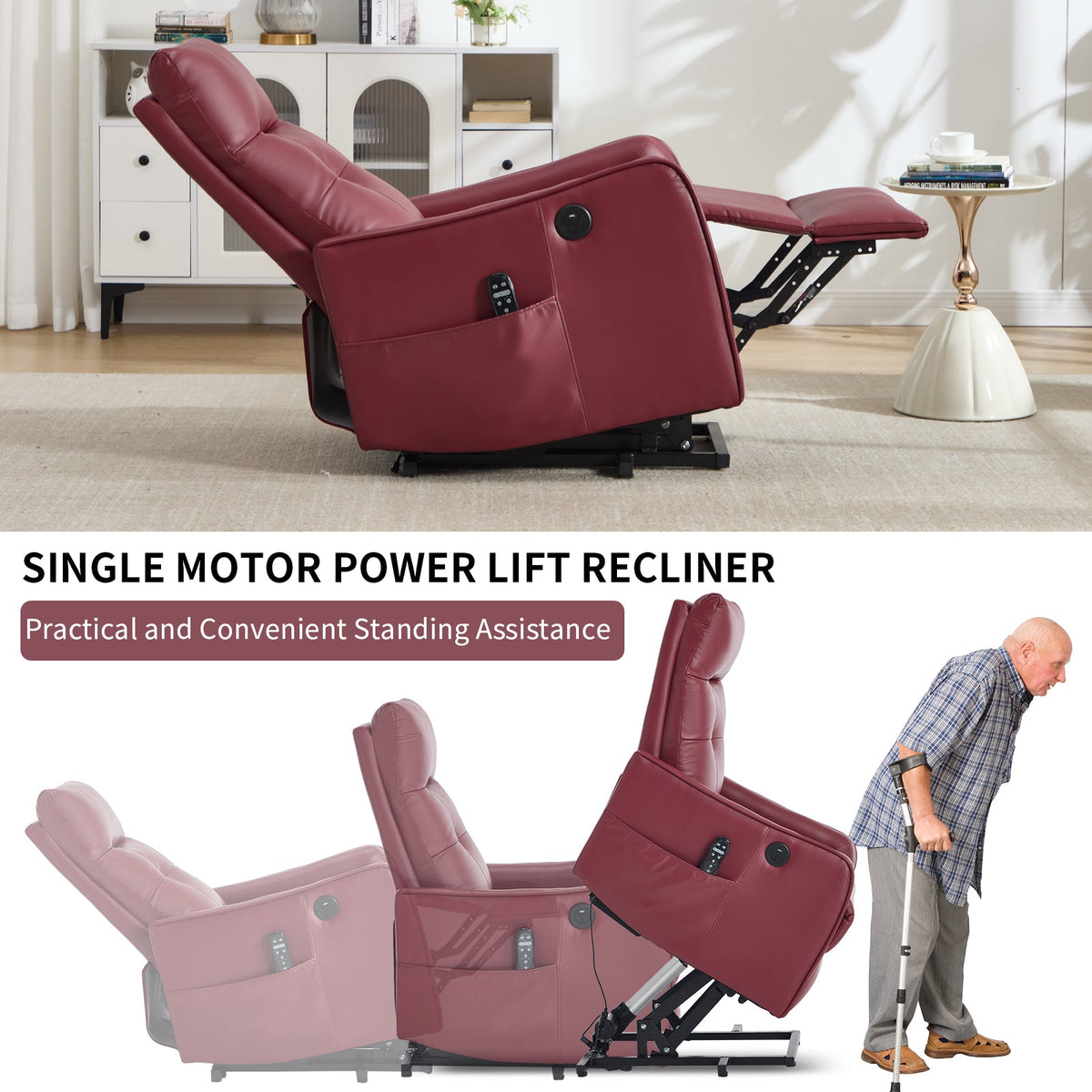 Comfortmax single motor lift recliner chair in burgundy leather with remote pocket in room on Tampa Home & Garden Store