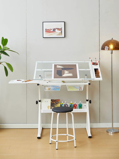 Adjustable Glass Drafting Table with Chair