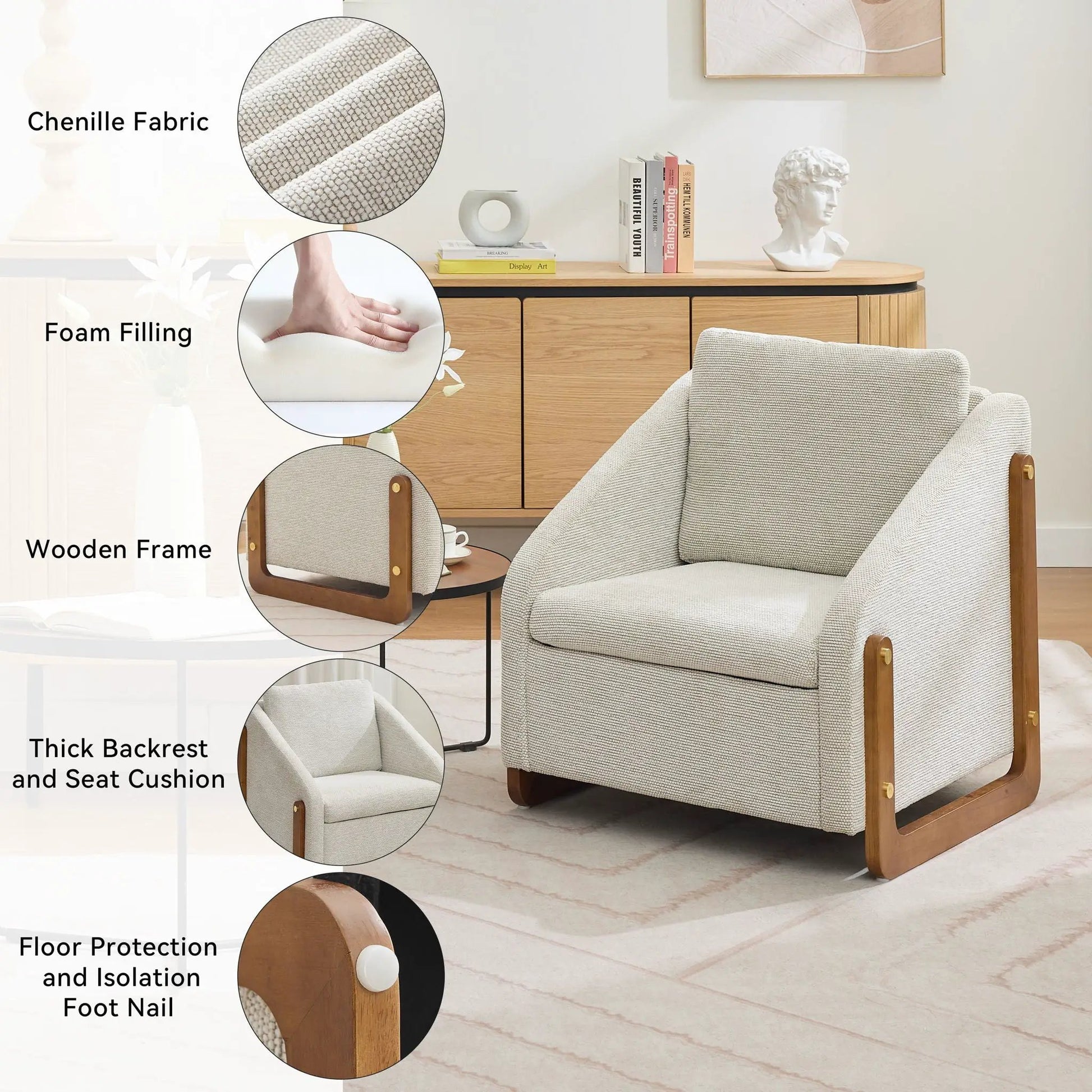 Modern upholstered armchair with wooden side frame in beige chenille fabric on Tampa Home & Garden Store