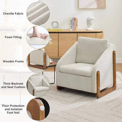 Modern upholstered armchair with wooden side frame in beige chenille fabric on Tampa Home & Garden Store