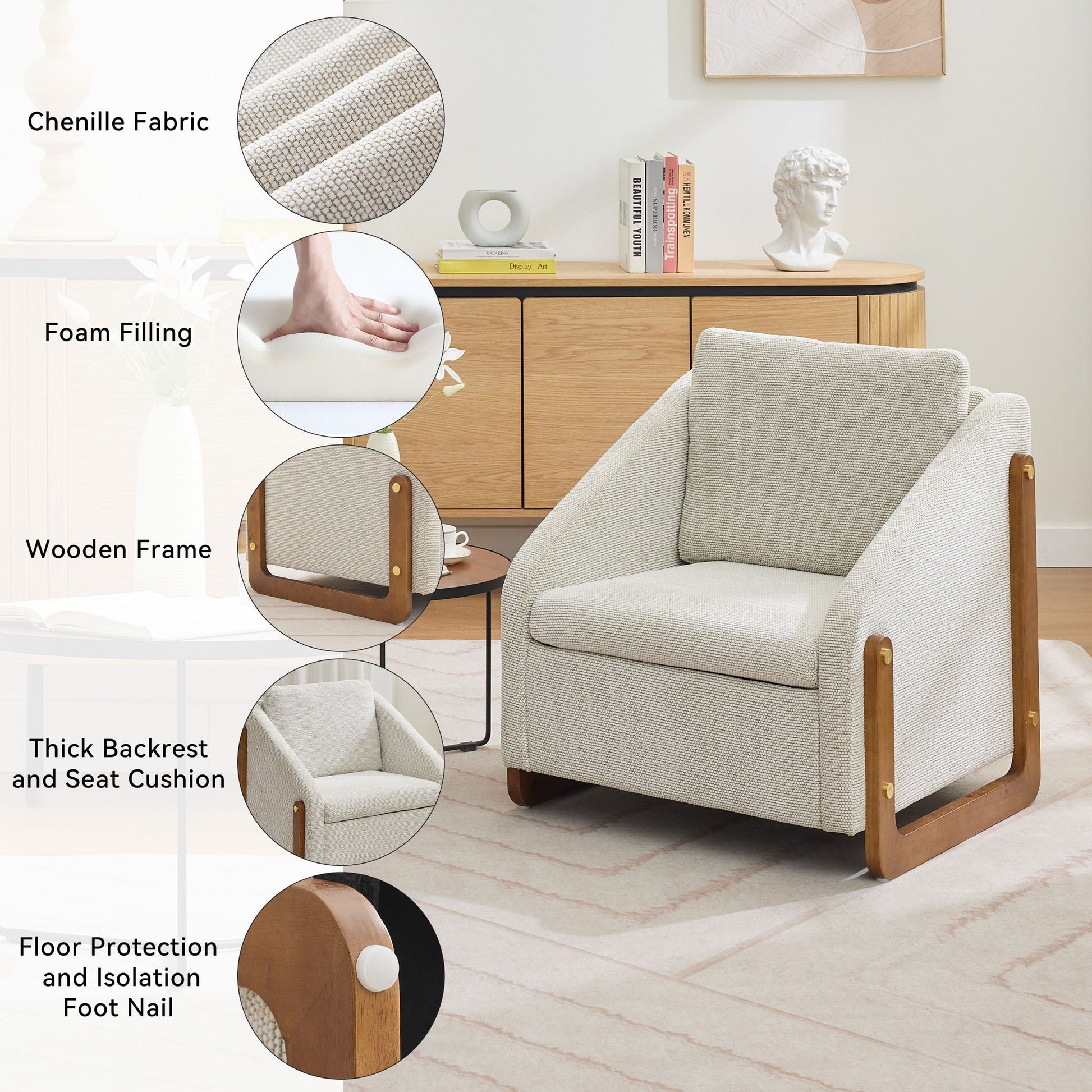 Modern upholstered armchair by HouseOfZazla in light gray chenille with wooden frame on Tampa Home & Garden Store