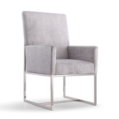 Element Dining Arm Chair by HouseOfZazla in light grey velvet with chrome metal frame on Tampa Home & Garden Store