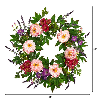 22” Assorted Peony Artificial Wreath - Tampa Home & Garden Store
