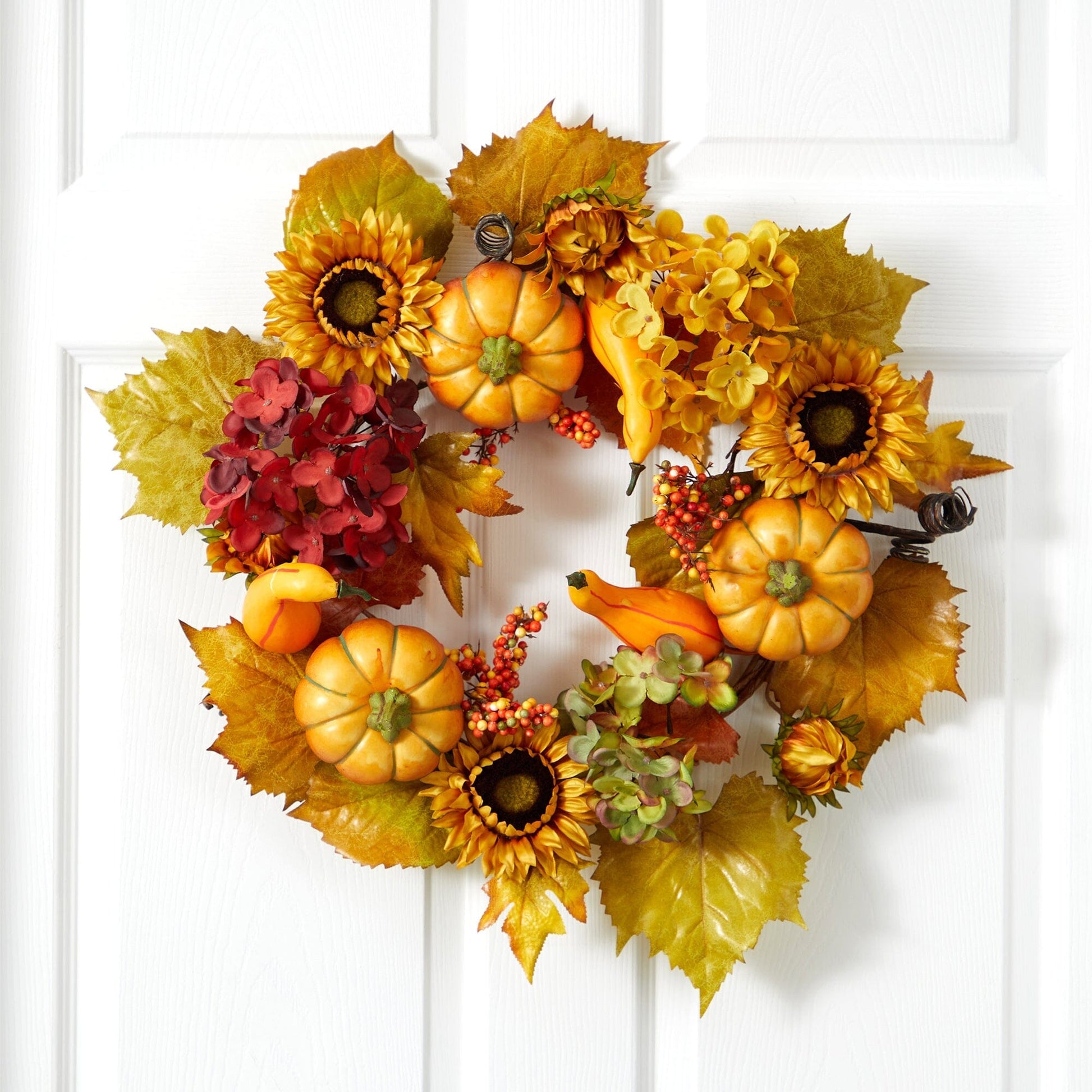 22” Autumn Hydrangea, Pumpkin and Sunflower Artificial Fall Wreath - Tampa Home & Garden Store