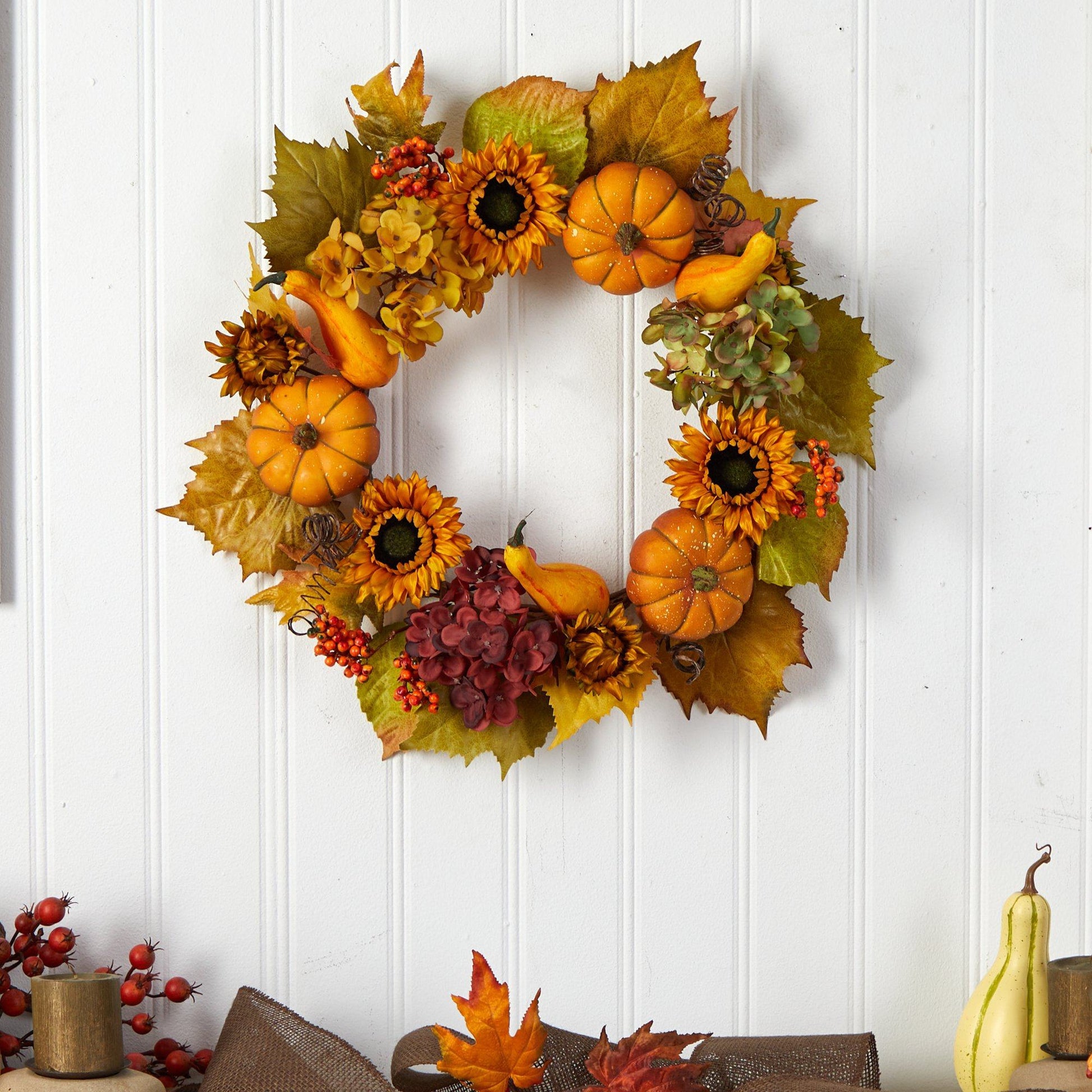22” Autumn Hydrangea, Pumpkin and Sunflower Artificial Fall Wreath - Tampa Home & Garden Store
