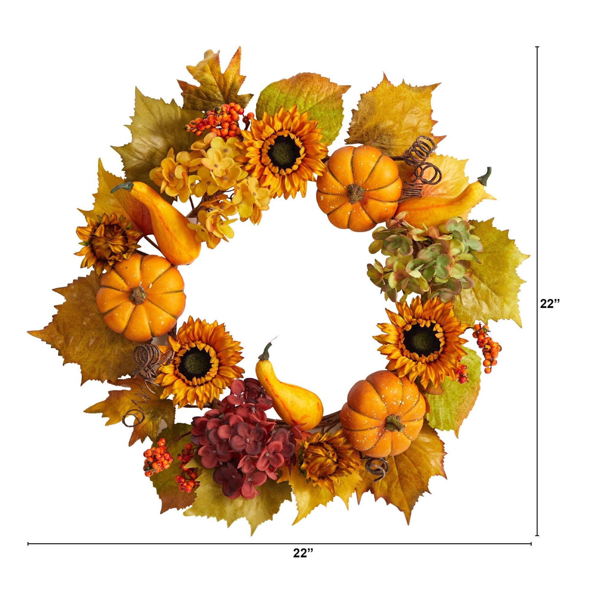 22” Autumn Hydrangea, Pumpkin and Sunflower Artificial Fall Wreath - Tampa Home & Garden Store