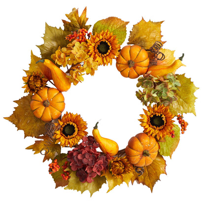 22” Autumn Hydrangea, Pumpkin and Sunflower Artificial Fall Wreath - Tampa Home & Garden Store