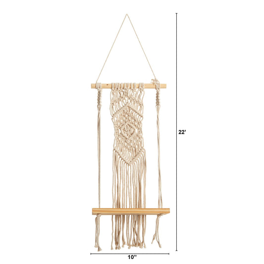 22” Boho Chic Wood Macrame Shelf with Diamond Weave - Tampa Home & Garden Store