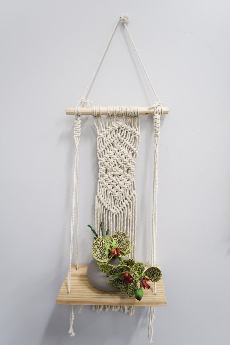 22” Boho Chic Wood Macrame Shelf with Diamond Weave - Tampa Home & Garden Store