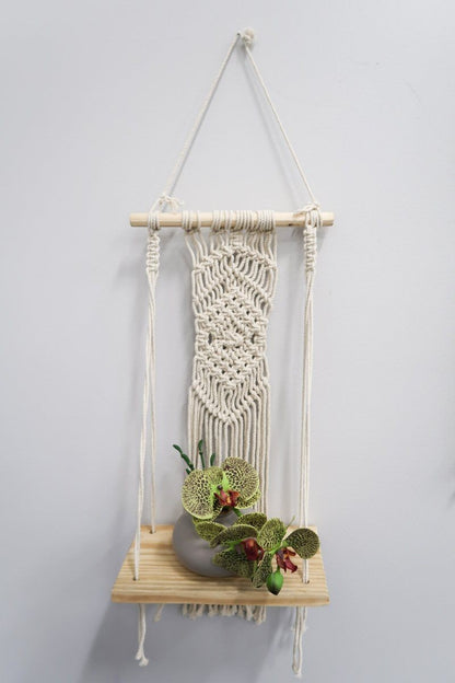 22” Boho Chic Wood Macrame Shelf with Diamond Weave - Tampa Home & Garden Store