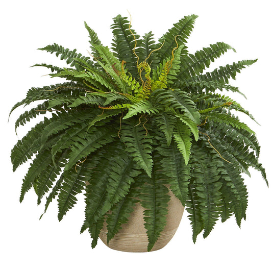 22” Boston Fern Artificial Plant in Sandstone Planter - Tampa Home & Garden Store