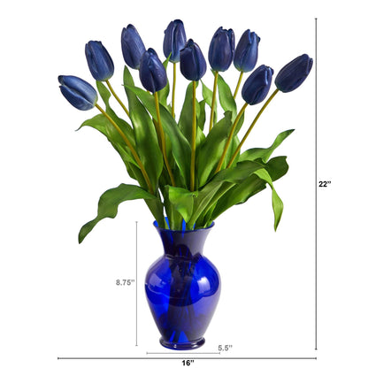 22” Dutch Tulip Artificial Arrangement in Blue Colored Vase - Tampa Home & Garden Store