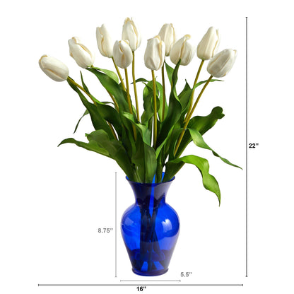 22” Dutch Tulip Artificial Arrangement in Blue Colored Vase - Tampa Home & Garden Store