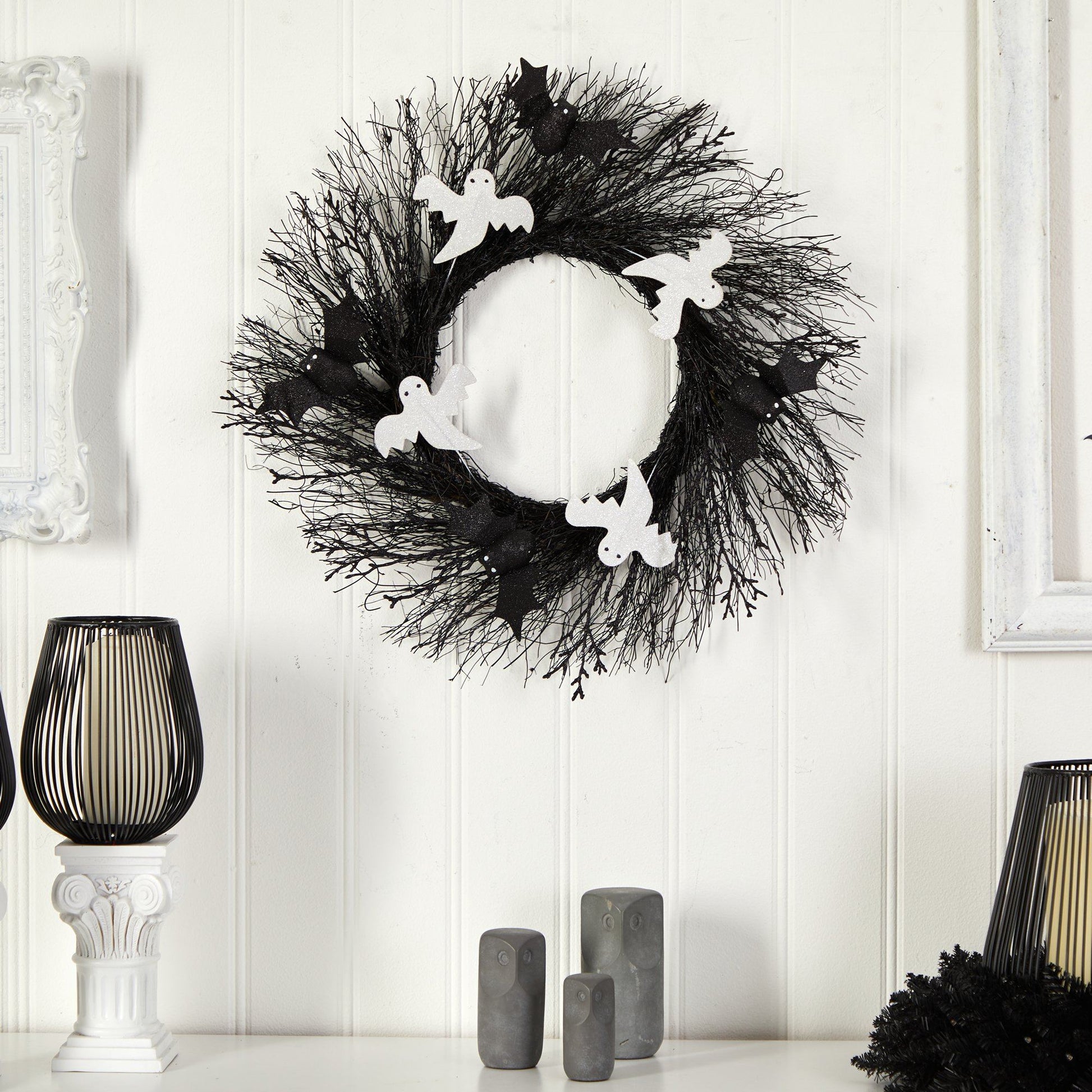 22" Halloween Ghost and Bats Twig Wreath - Tampa Home & Garden Store