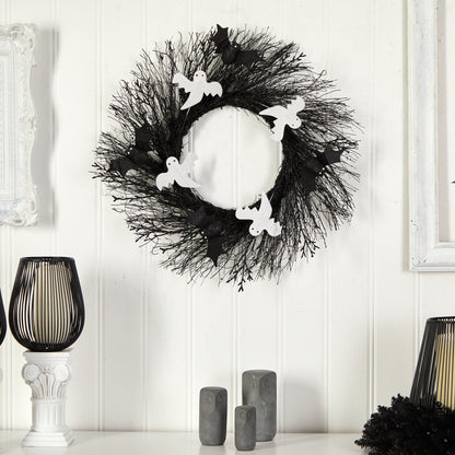 22" Halloween Ghost and Bats Twig Wreath - Tampa Home & Garden Store