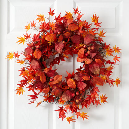 22” Japanese Maple, Magnolia Leaf and Berries Artificial Wreath - Tampa Home & Garden Store
