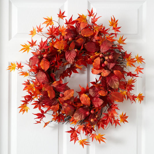 22” Japanese Maple, Magnolia Leaf and Berries Artificial Wreath - Tampa Home & Garden Store