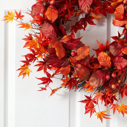 22” Japanese Maple, Magnolia Leaf and Berries Artificial Wreath - Tampa Home & Garden Store