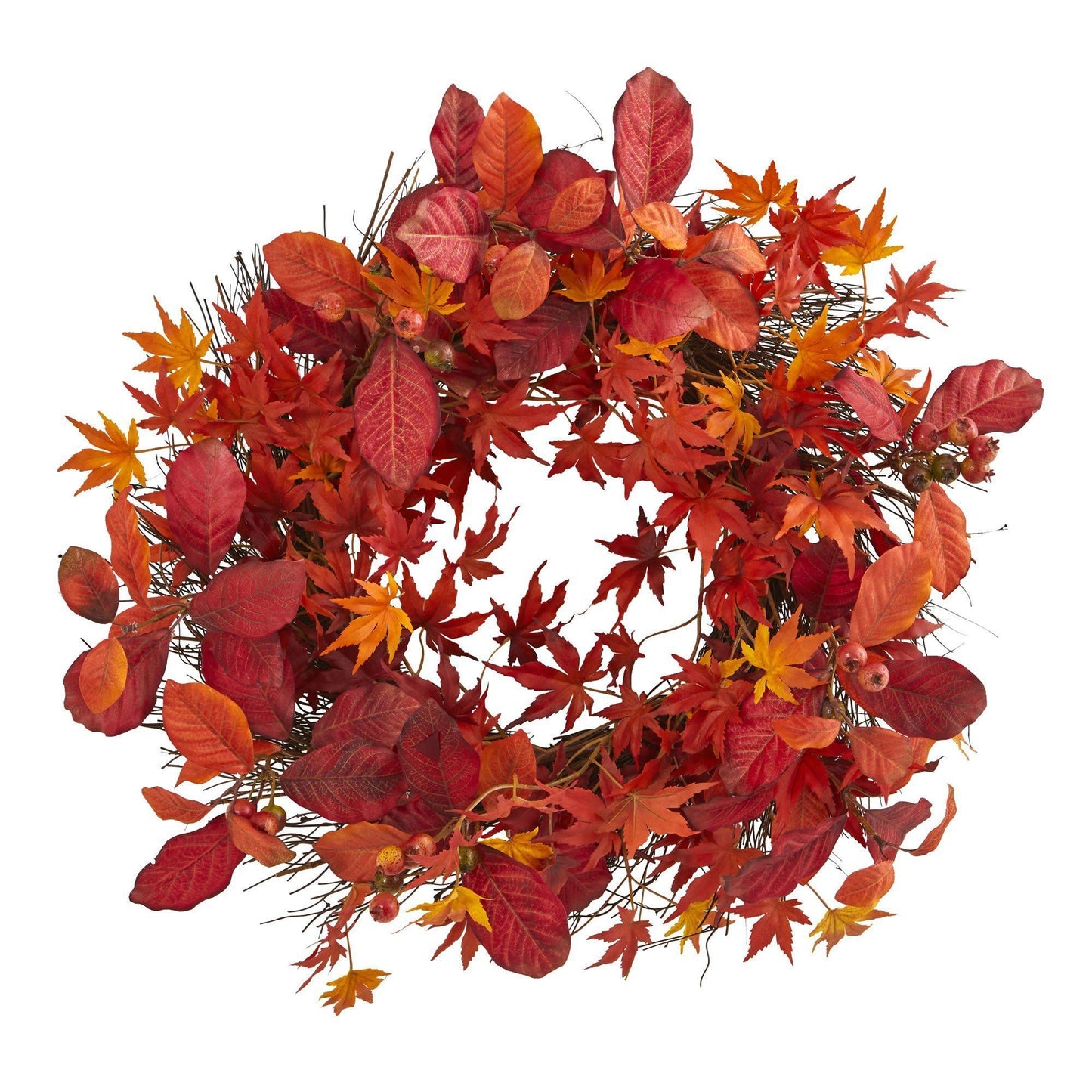 22” Japanese Maple, Magnolia Leaf and Berries Artificial Wreath - Tampa Home & Garden Store