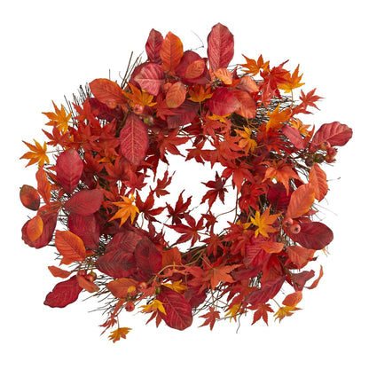22” Japanese Maple, Magnolia Leaf and Berries Artificial Wreath - Tampa Home & Garden Store