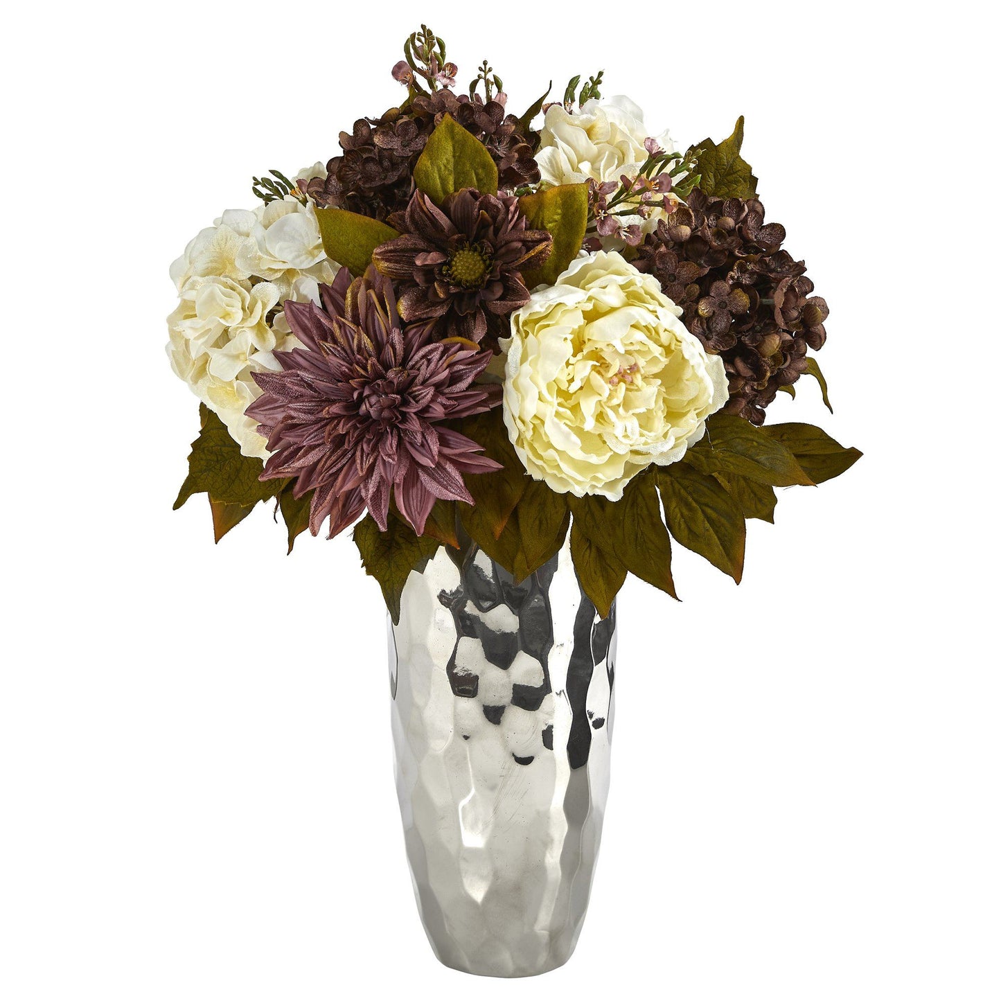 22” Peony, Hydrangea and Dahlia Artificial Arrangement in Silver Vase - Tampa Home & Garden Store