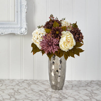 22” Peony, Hydrangea and Dahlia Artificial Arrangement in Silver Vase - Tampa Home & Garden Store