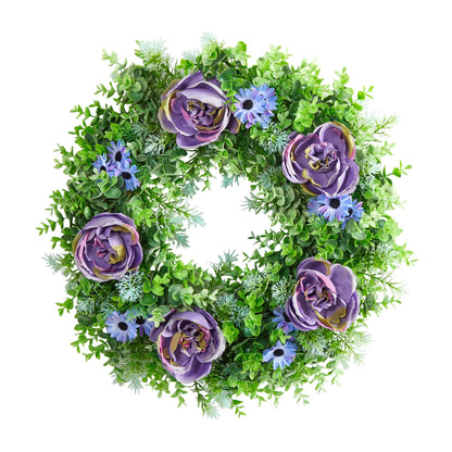 22” Purple Rose, Blue Daisy and Greens Artificial Wreath - Tampa Home & Garden Store