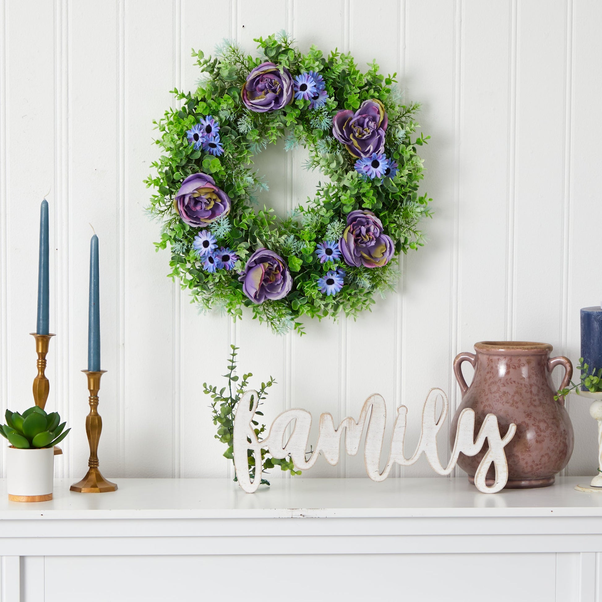 22” Purple Rose, Blue Daisy and Greens Artificial Wreath - Tampa Home & Garden Store
