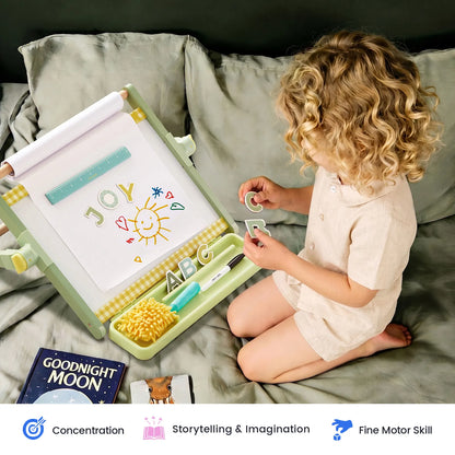 Tiny Land Double-Sided Magnetic Tabletop Easel for kids, pastel green with white drawing surface and magnetic letters on Tampa Home & Garden Store