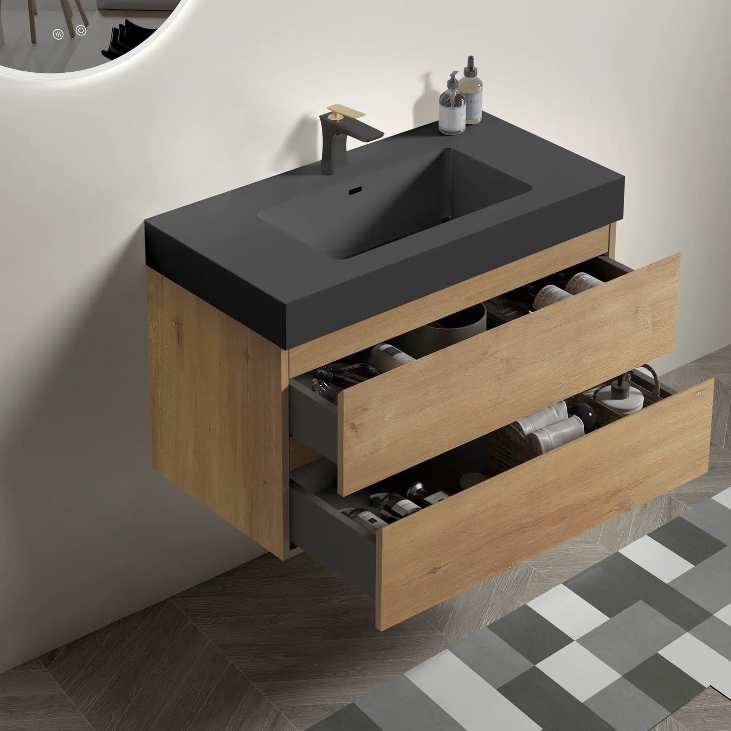 Alice natural oak floating vanity with black top and integrated sink by Unique Piece Furniture on Tampa Home & Garden Store