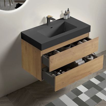 Alice natural oak floating vanity with black top and integrated sink by Unique Piece Furniture on Tampa Home & Garden Store