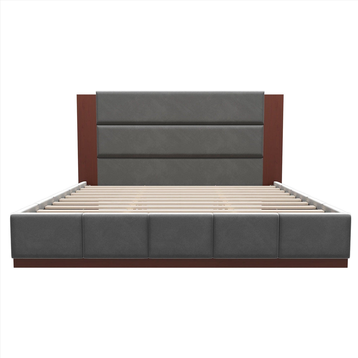 Modern Upholstered Platform Bed With Extended Headboard in gray fabric with reddish wood posts on Tampa Home & Garden Store