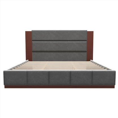 Modern Upholstered Platform Bed With Extended Headboard in gray fabric with reddish wood posts on Tampa Home & Garden Store