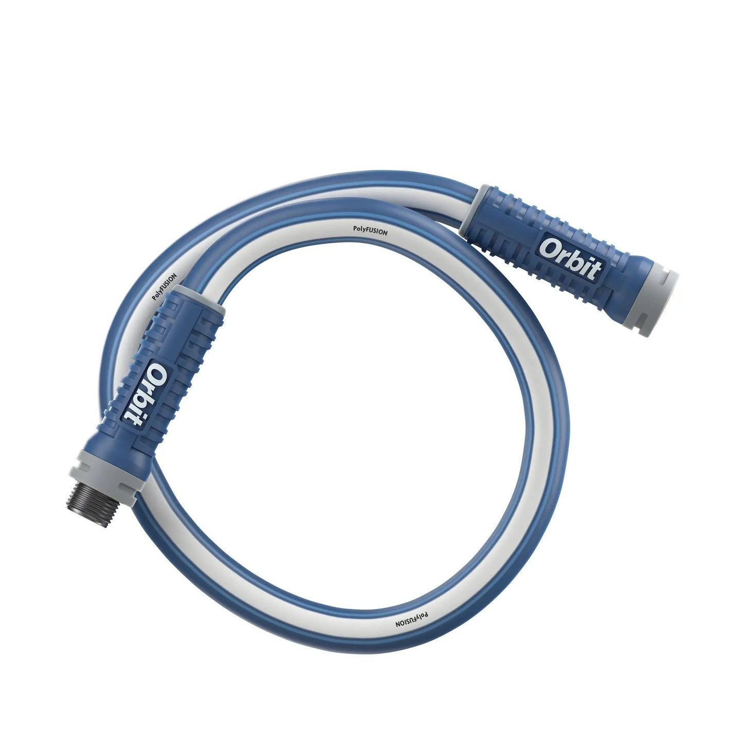 Orbit Heavy Duty Garden Hose All Weather coil in blue and white with PolyFUSION connectors on Tampa Home & Garden Store