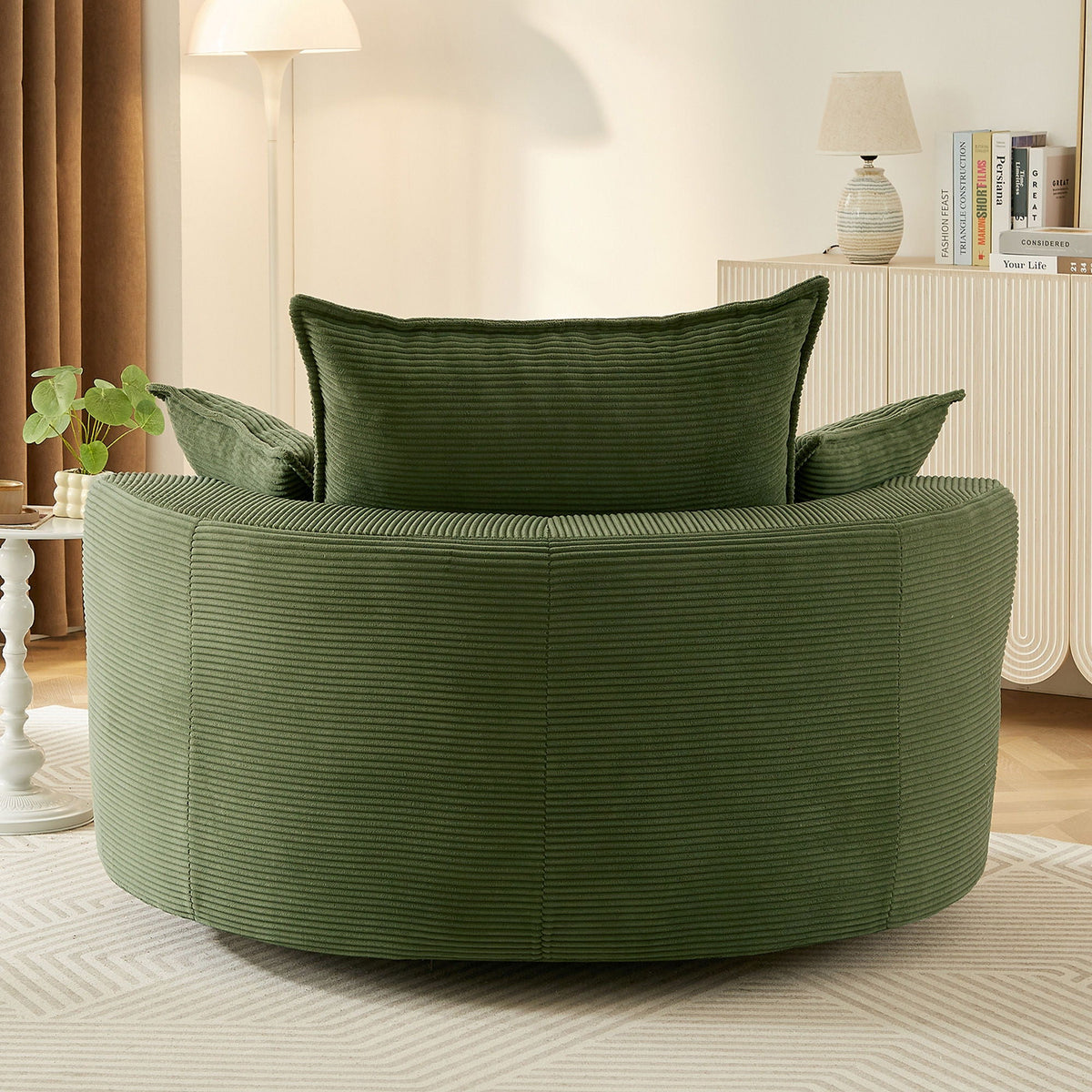 Swivel barrel chair in green corded upholstery with cushions and pillows HouseOfZazla on Tampa Home & Garden Store