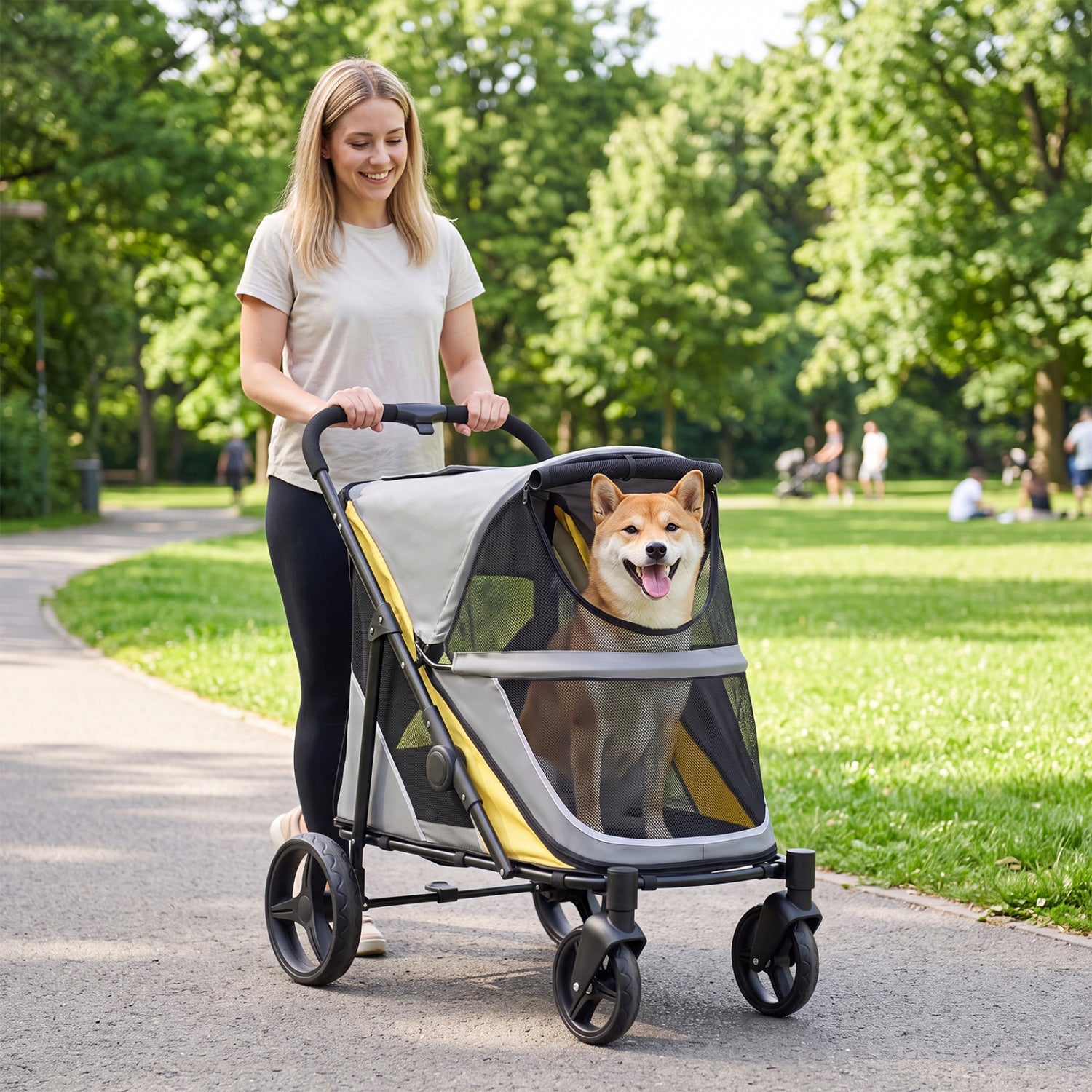 Heavy duty dog stroller for large dogs, gray fabric with yellow accents, 220 lb capacity on Tampa Home & Garden Store